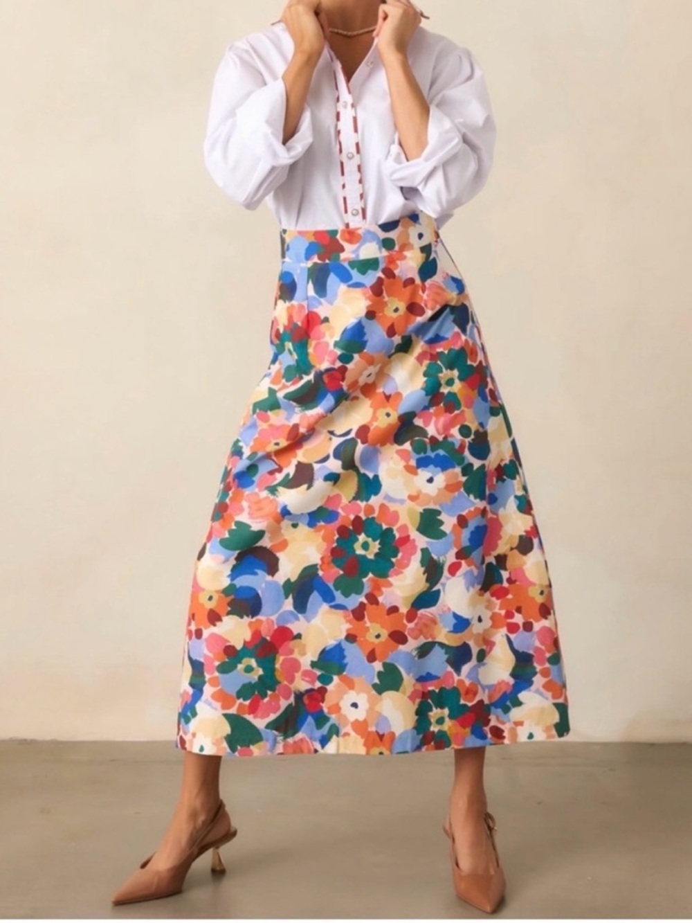 Prosperina River Orange Multi Floral Print Cotton Midi Skirt XS NWT
